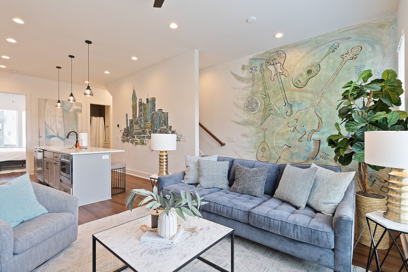 Bright modern StayLage vacation rental living room and kitchen